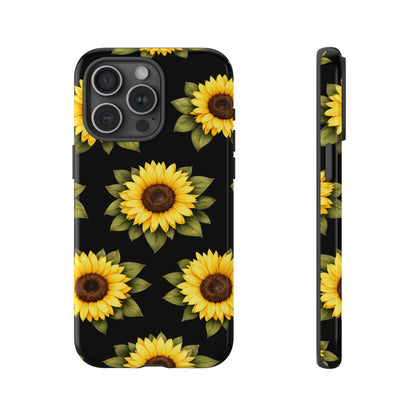 Sunflower Floral Tough Phone Case – Black Background Protective Cover for Iphone, Samsung Galaxy and Pixel