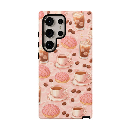 Cute Coffee & Pink Concha Phone Case – Coffee Lover Aesthetic Latte Pattern Tough Case