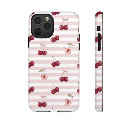 Pink Cherry Stripe Phone Case | Cute Coquette Aesthetic Protective Tough Case