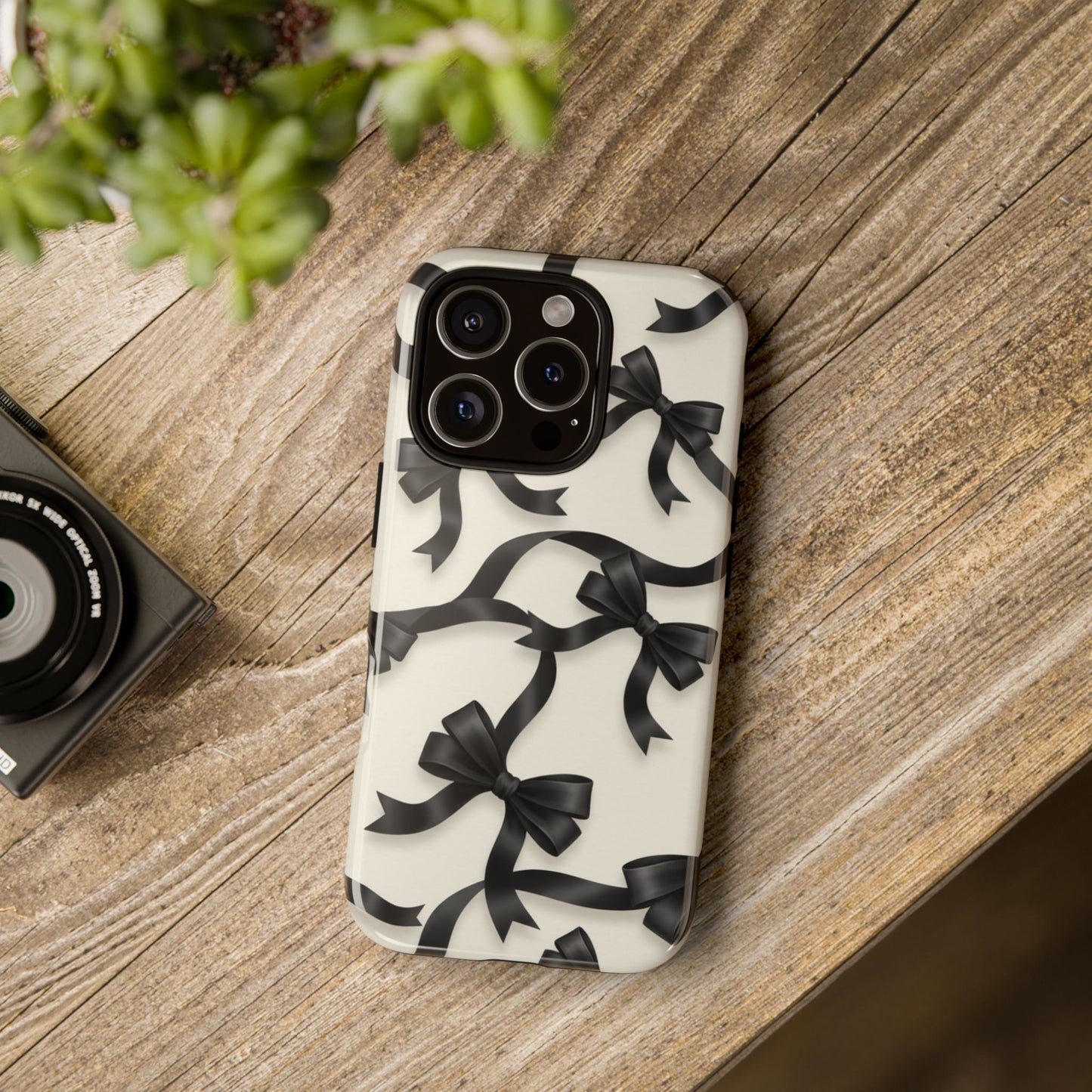 Black Ribbon Bow Phone Case, Minimal Bow Pattern Tough Protective Case