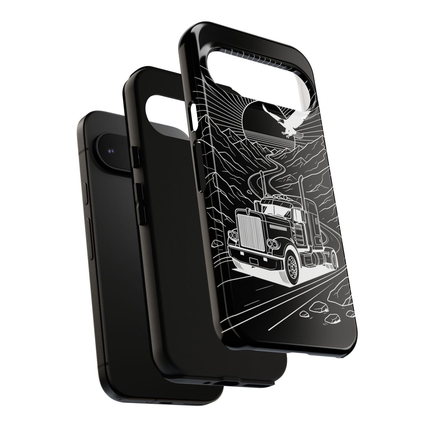Trucker Highway Phone Case | Eagle & Mountain Line Art | Black Western Tough Case