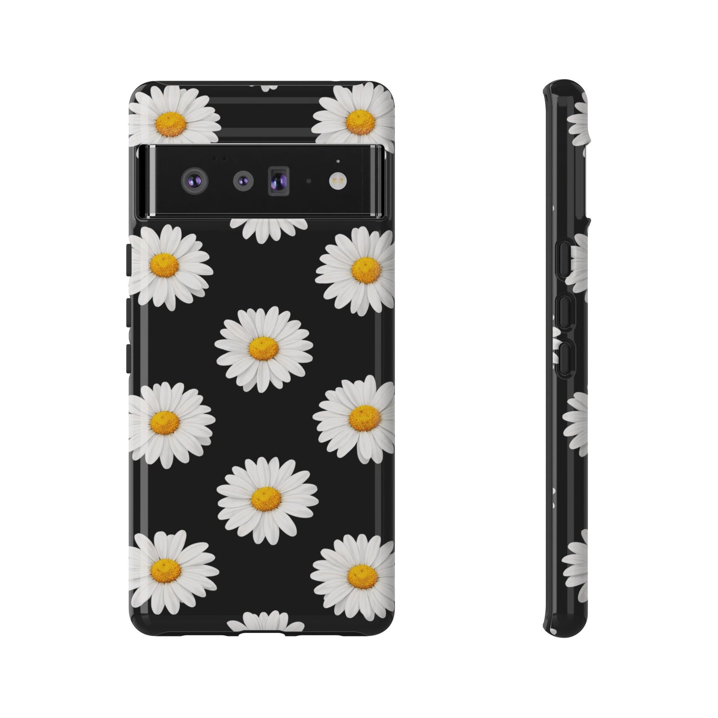 Black Daisy Floral Tough Phone Case – Cute Protective Cover for Iphone, Samsung Galaxy and Pixel