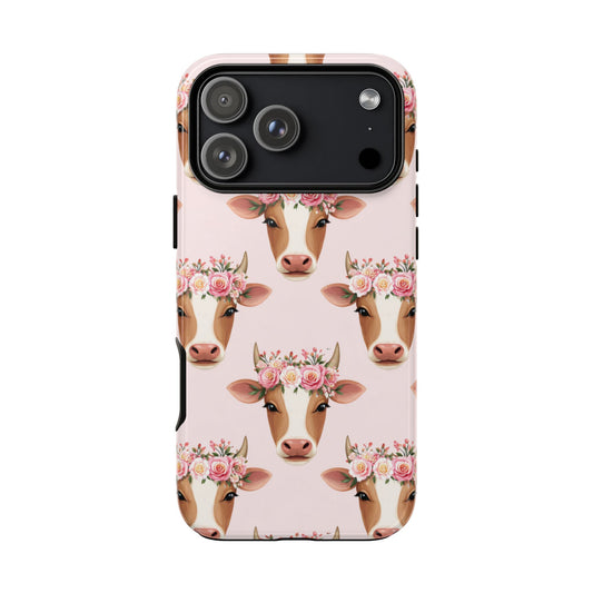 Floral Cow Phone Case – Cute Pink Cow Print Tough Protective Case for Iphone, Samsung Galaxy and Pixel