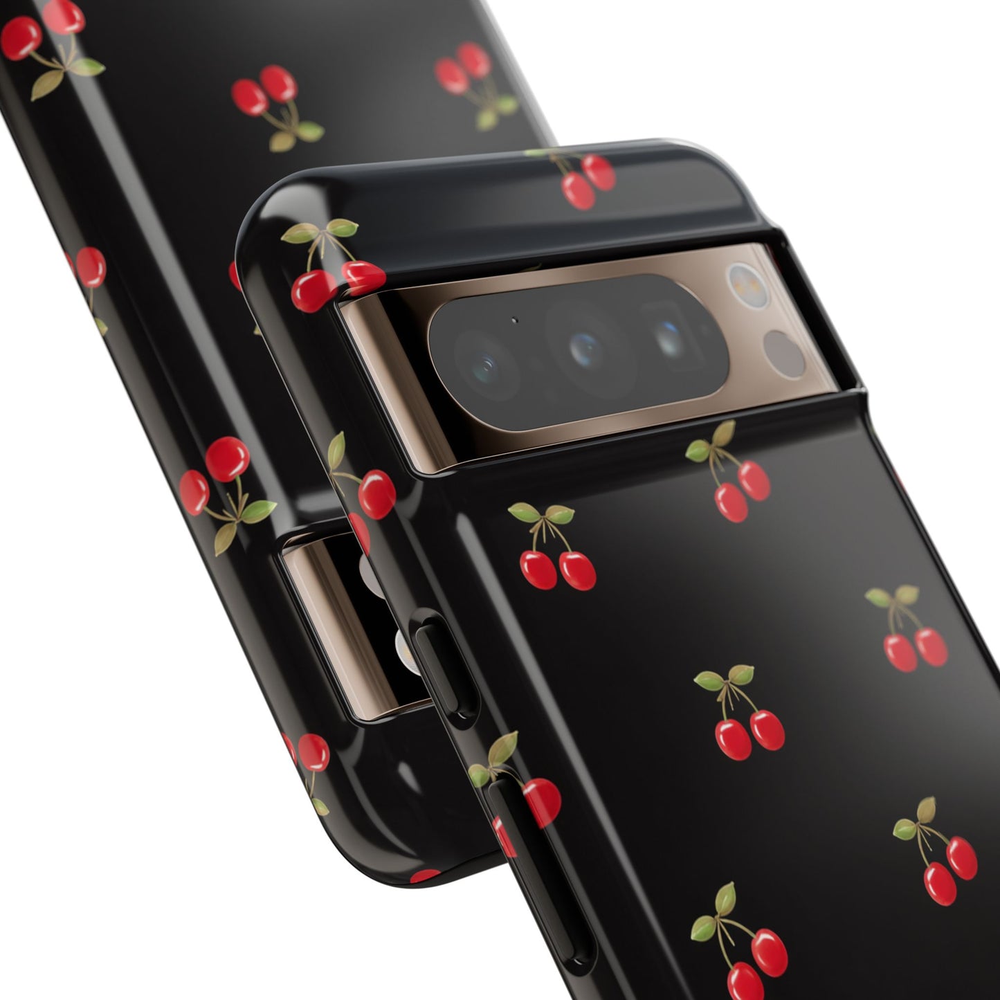 Cherry Pattern Phone Case — Slim Black Protective iPhone Case with Red Cherries for Iphone, Samsung Galaxy and Pixel