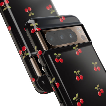 Cherry Pattern Phone Case — Slim Black Protective iPhone Case with Red Cherries for Iphone, Samsung Galaxy and Pixel