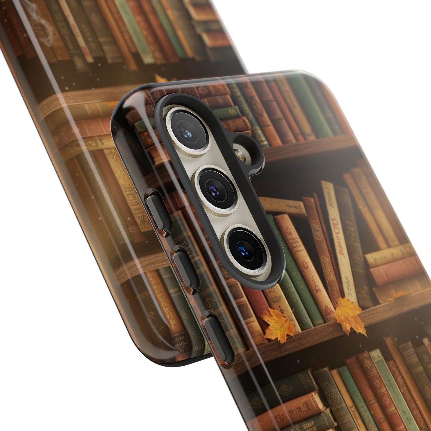 Cozy Vintage Bookshelf Phone Case, Library Aesthetic Book Stack, Autumn Coffee Vibes (iPhone, Samsung, Pixel)