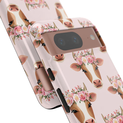 Floral Cow Phone Case – Cute Pink Cow Print Tough Protective Case for Iphone, Samsung Galaxy and Pixel
