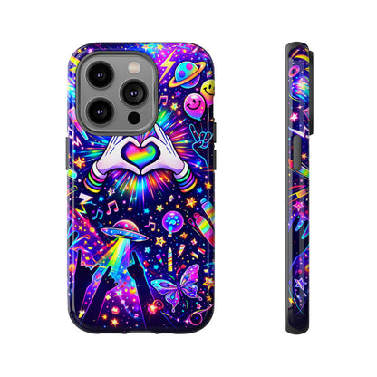 Rainbow Heart Hands Phone Case – Neon Galaxy EDM Festival Tough Cover