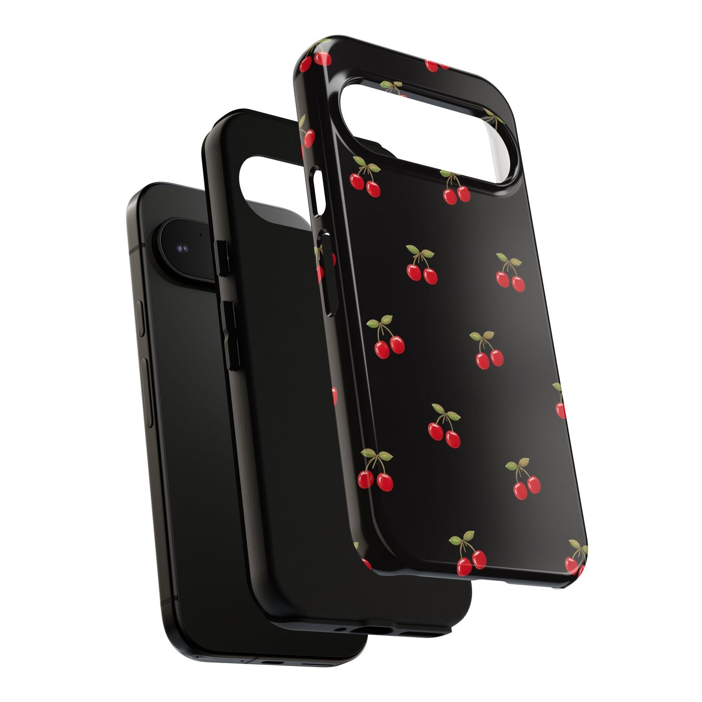 Cherry Pattern Phone Case — Slim Black Protective iPhone Case with Red Cherries for Iphone, Samsung Galaxy and Pixel