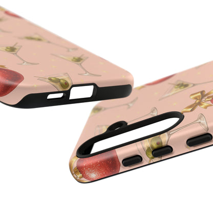 Cocktail Ornament Phone Case – Pink Martini & Cherry Pattern | Glossy or Matte for Iphone, Samsung Galaxy and Pixel