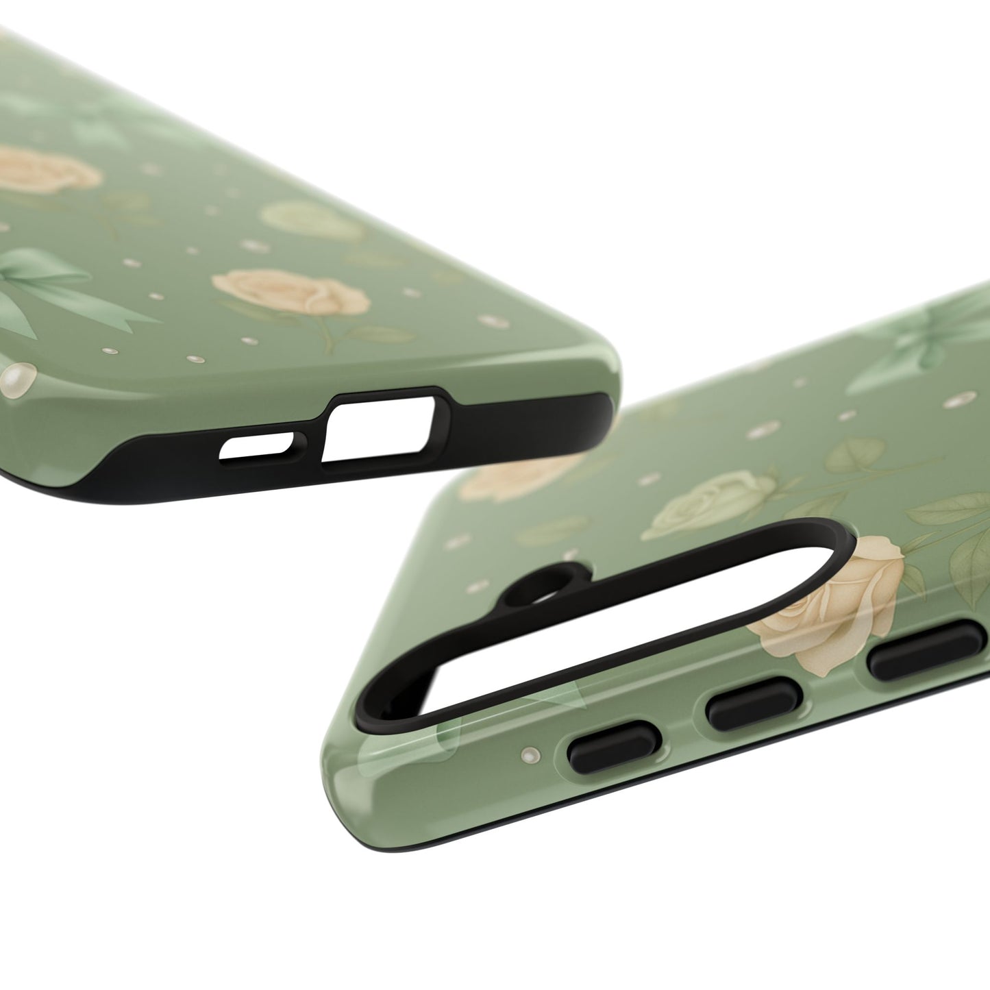 Vintage Rose Bow Phone Case – Sage Green Floral Coquette Aesthetic Tough Case (iPhone, Samsung, Pixel)