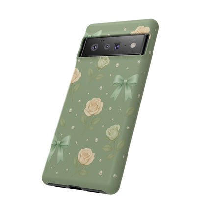 Vintage Rose Bow Phone Case – Sage Green Floral Coquette Aesthetic Tough Case (iPhone, Samsung, Pixel)