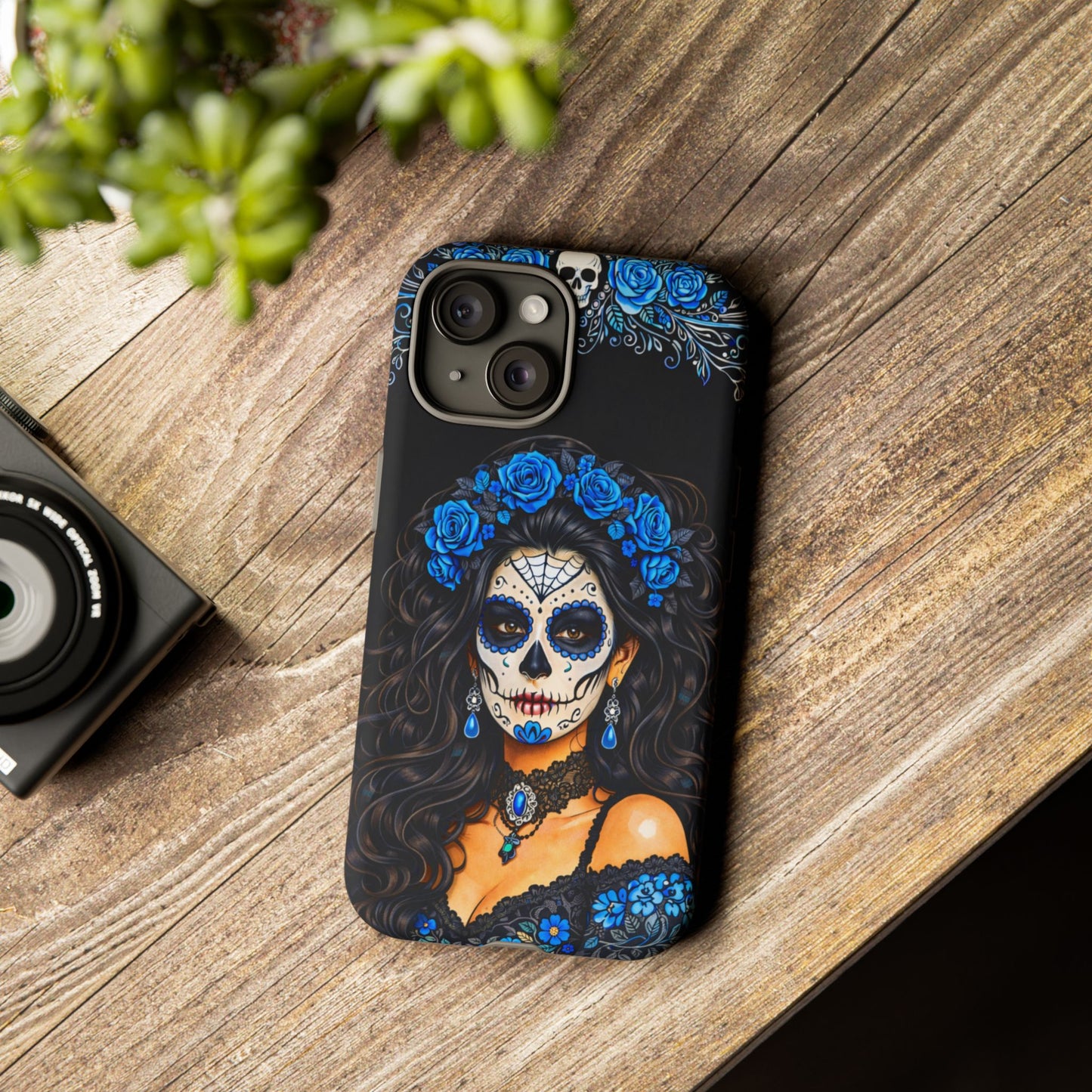 Blue Sugar Skull Woman Phone Case – Day of the Dead Aesthetic Tough Cover