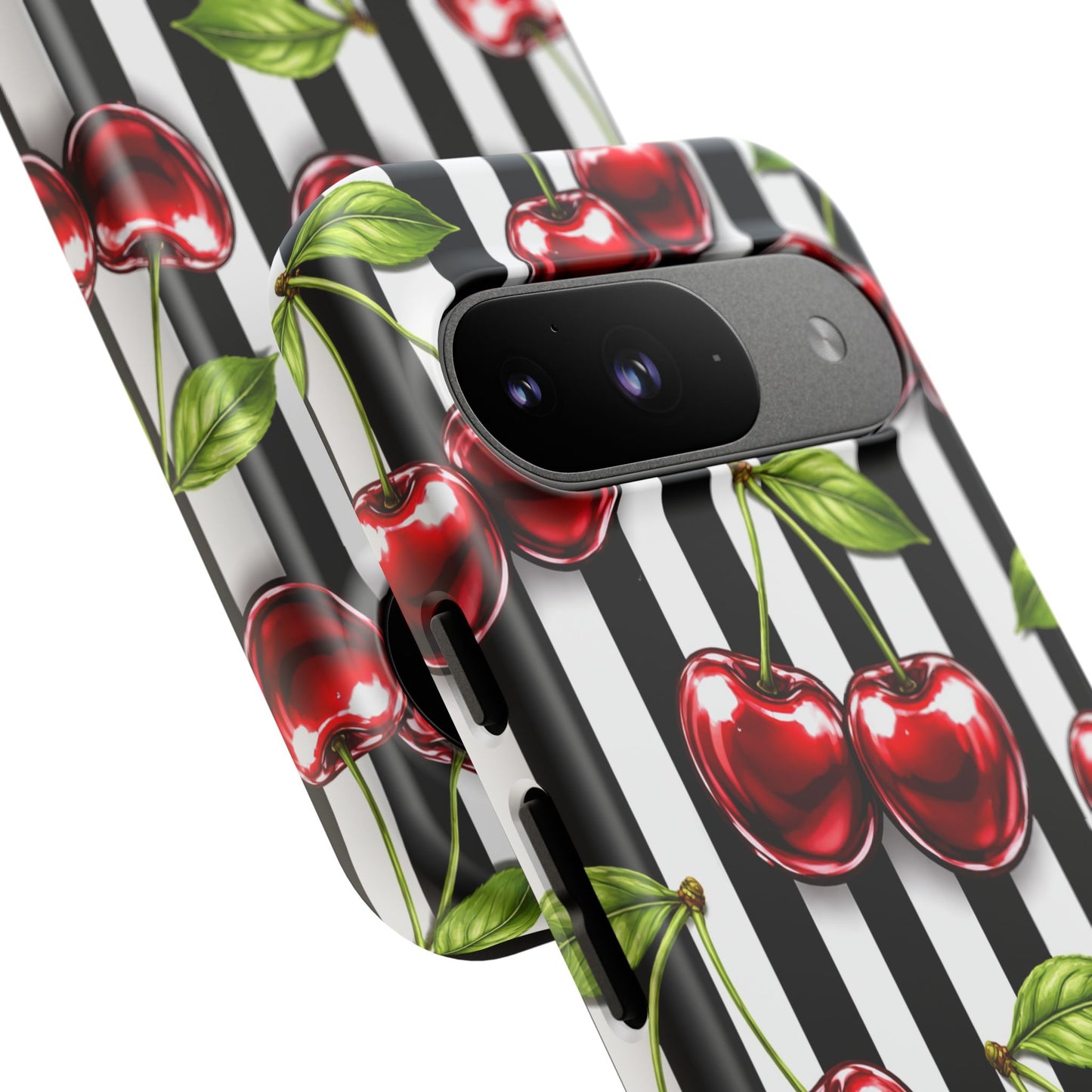 Cherry Pattern Phone Case Black White Stripe Retro Aesthetic Tough Cover