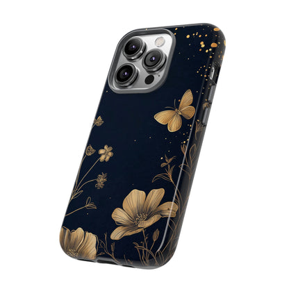 Gold Floral Butterfly Phone Case, Dark Aesthetic Botanical, Elegant Black Luxury iPhone Samsung Cover