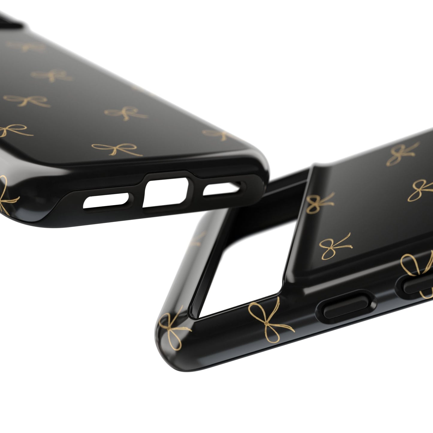 Black Phone Case with Gold Bow Pattern – Slim Protective Cute Aesthetic Cover for Iphone, Samsung Galaxy and Pixel