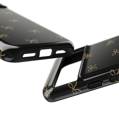 Black Phone Case with Gold Bow Pattern – Slim Protective Cute Aesthetic Cover for Iphone, Samsung Galaxy and Pixel