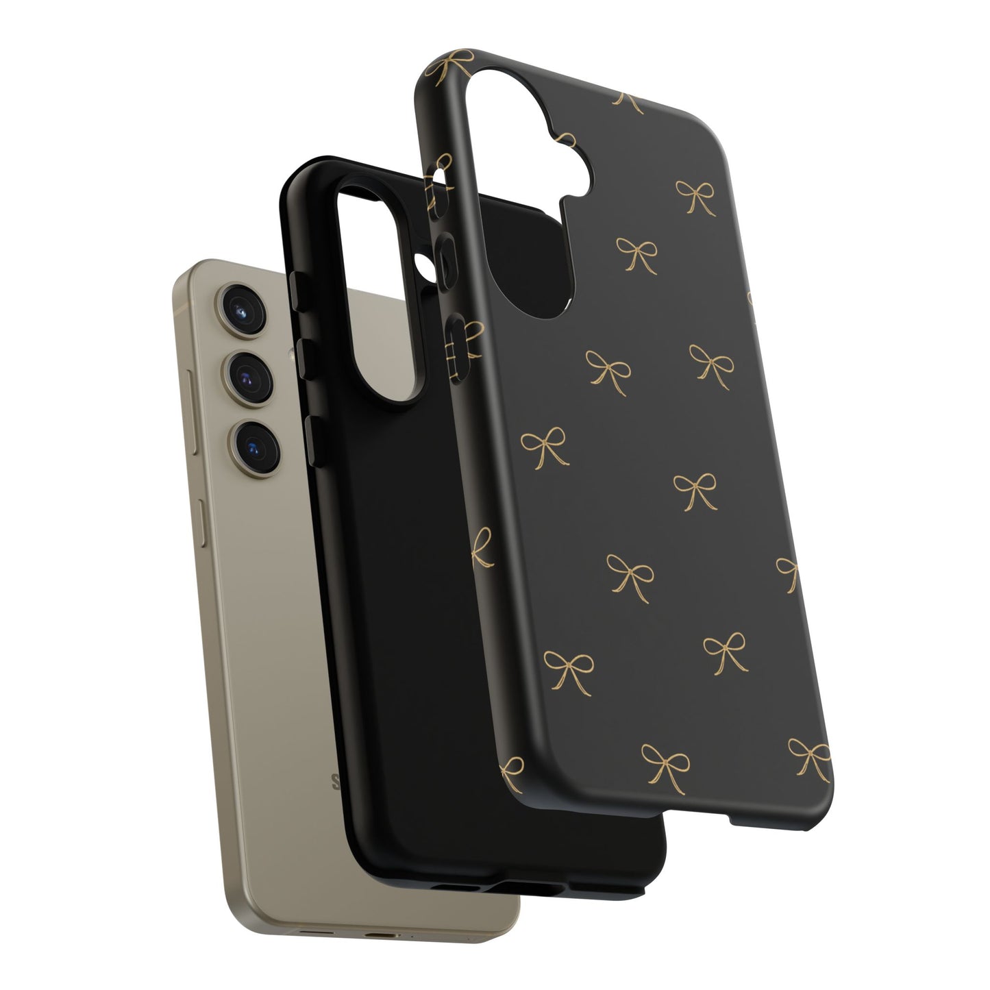 Black Phone Case with Gold Bow Pattern – Slim Protective Cute Aesthetic Cover for Iphone, Samsung Galaxy and Pixel