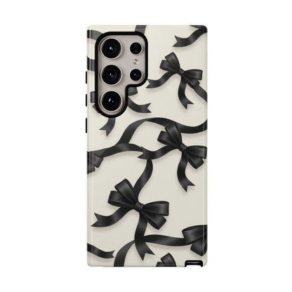 Black Ribbon Bow Phone Case, Minimal Bow Pattern Tough Protective Case