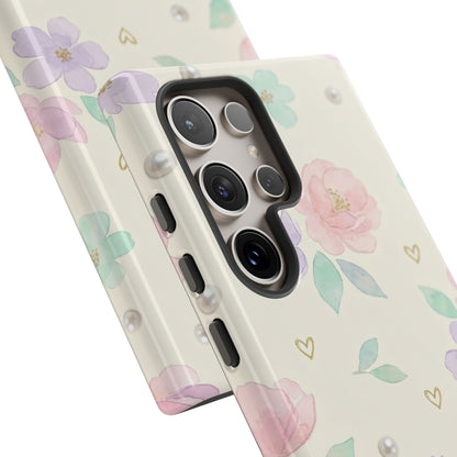 Pastel Floral Phone Case – Coquette Watercolor Flower Hearts Tough Case (iPhone, Samsung, Pixel)