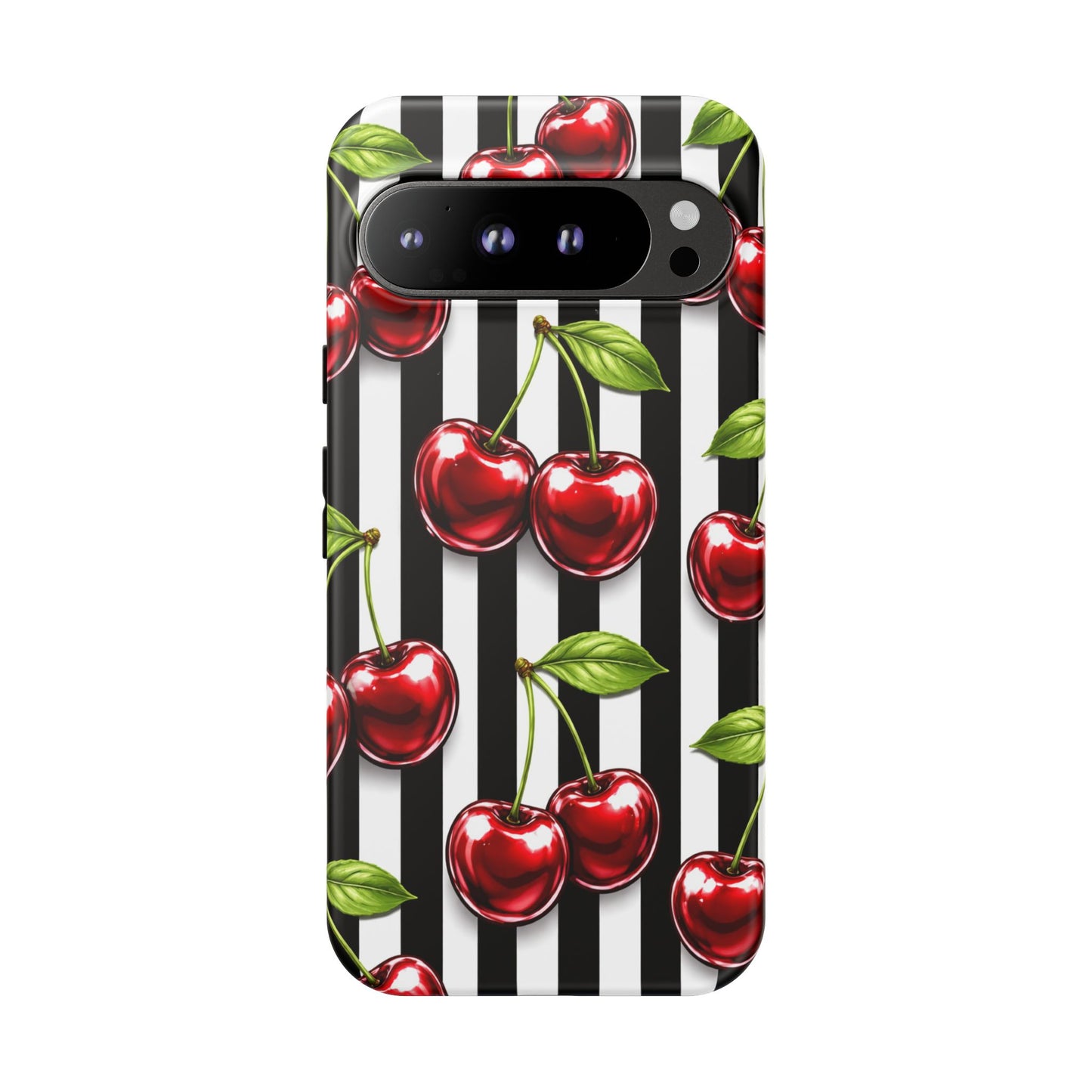 Cherry Pattern Phone Case Black White Stripe Retro Aesthetic Tough Cover