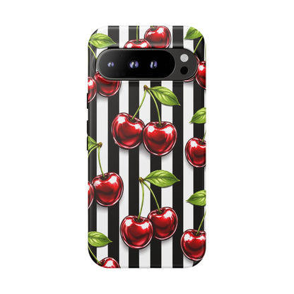 Cherry Pattern Phone Case Black White Stripe Retro Aesthetic Tough Cover