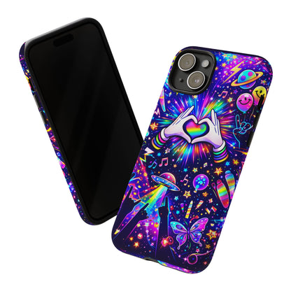 Rainbow Heart Hands Phone Case – Neon Galaxy EDM Festival Tough Cover
