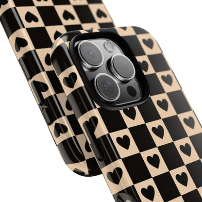 Checkerboard Heart Phone Case – Black & Beige Cute Aesthetic Protective Cover for Iphone, Samsung Galaxy and Pixel