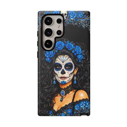 Blue Sugar Skull Woman Phone Case – Day of the Dead Aesthetic Tough Cover