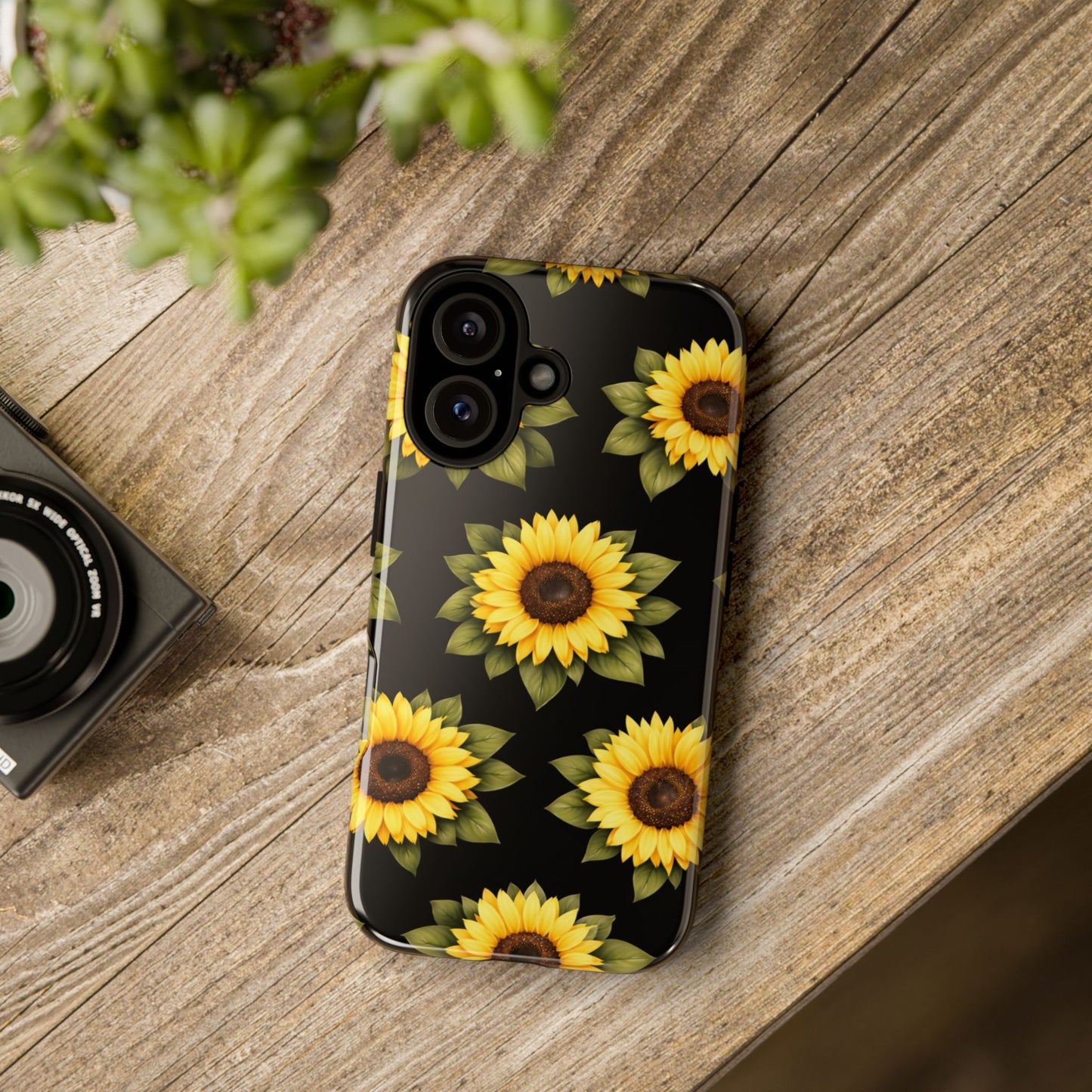 Sunflower Floral Tough Phone Case – Black Background Protective Cover for Iphone, Samsung Galaxy and Pixel