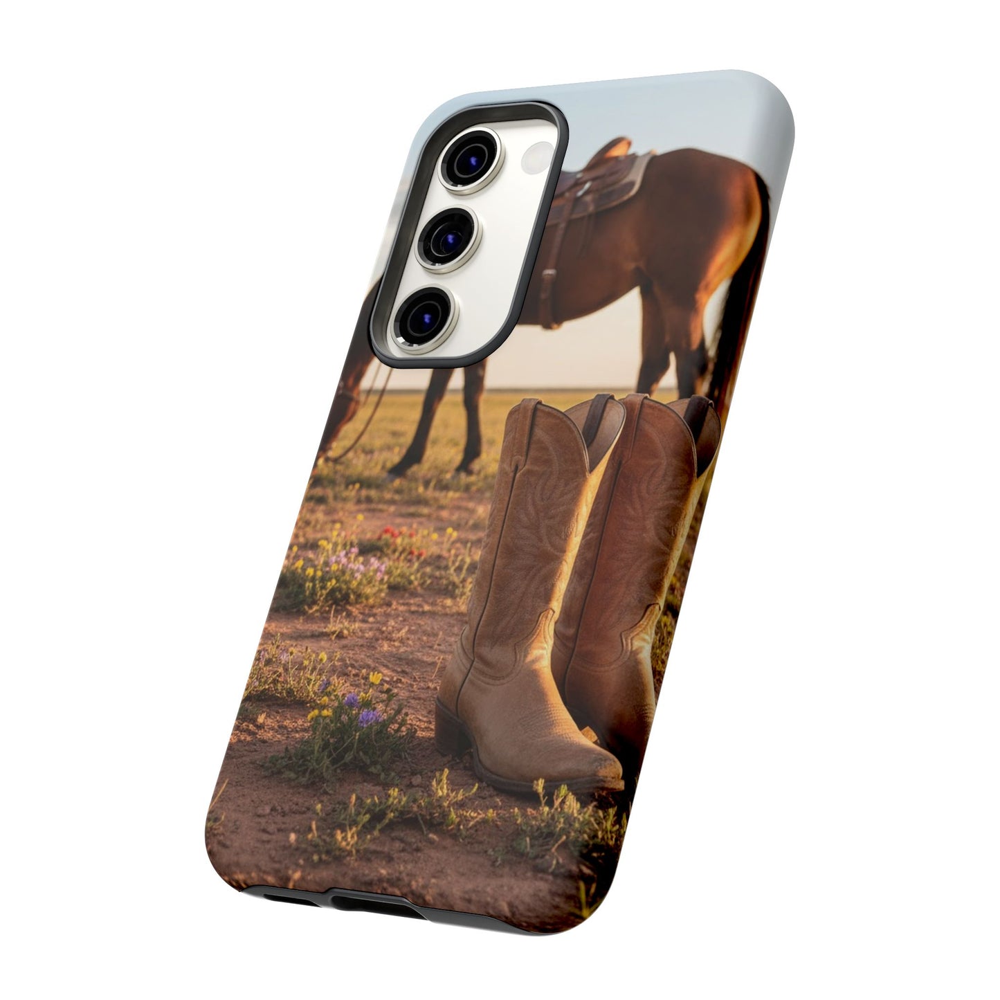 Western Cowboy Boots Phone Case – Rustic Horse Sunset Tough Case (iPhone, Samsung, Pixel)