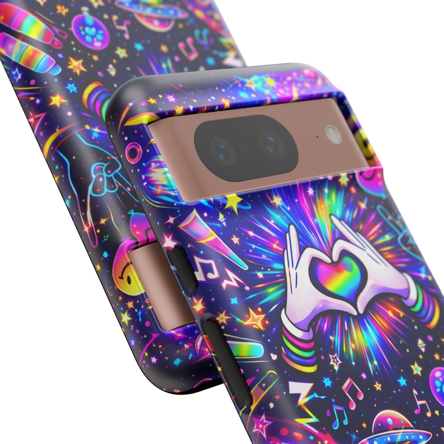 Rainbow Heart Hands Phone Case – Neon Galaxy EDM Festival Tough Cover