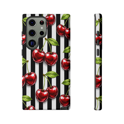 Cherry Pattern Phone Case Black White Stripe Retro Aesthetic Tough Cover