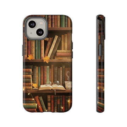 Cozy Vintage Bookshelf Phone Case, Library Aesthetic Book Stack, Autumn Coffee Vibes (iPhone, Samsung, Pixel)