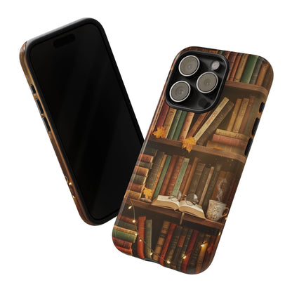 Cozy Vintage Bookshelf Phone Case, Library Aesthetic Book Stack, Autumn Coffee Vibes (iPhone, Samsung, Pixel)