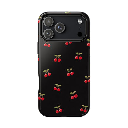 Cherry Pattern Phone Case — Slim Black Protective iPhone Case with Red Cherries for Iphone, Samsung Galaxy and Pixel