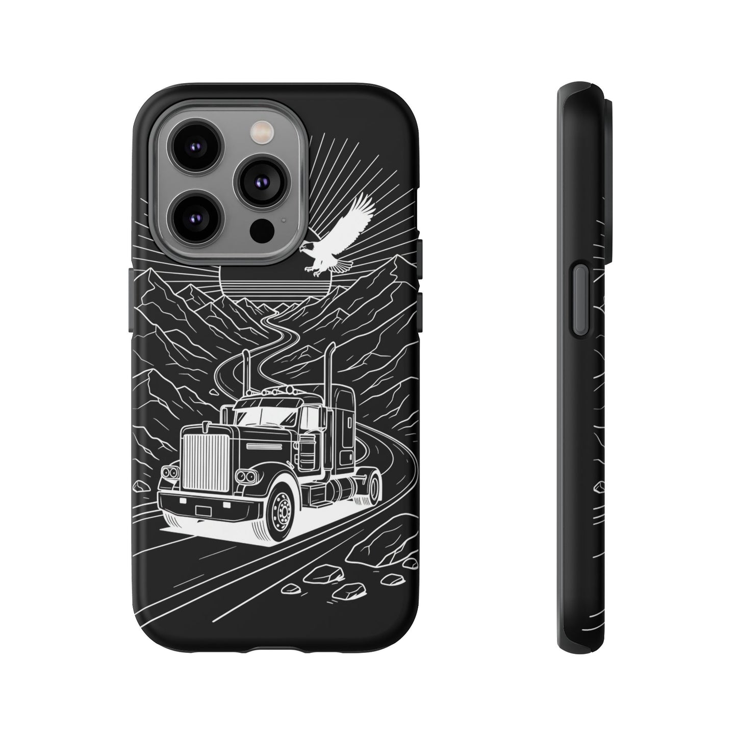 Trucker Highway Phone Case | Eagle & Mountain Line Art | Black Western Tough Case