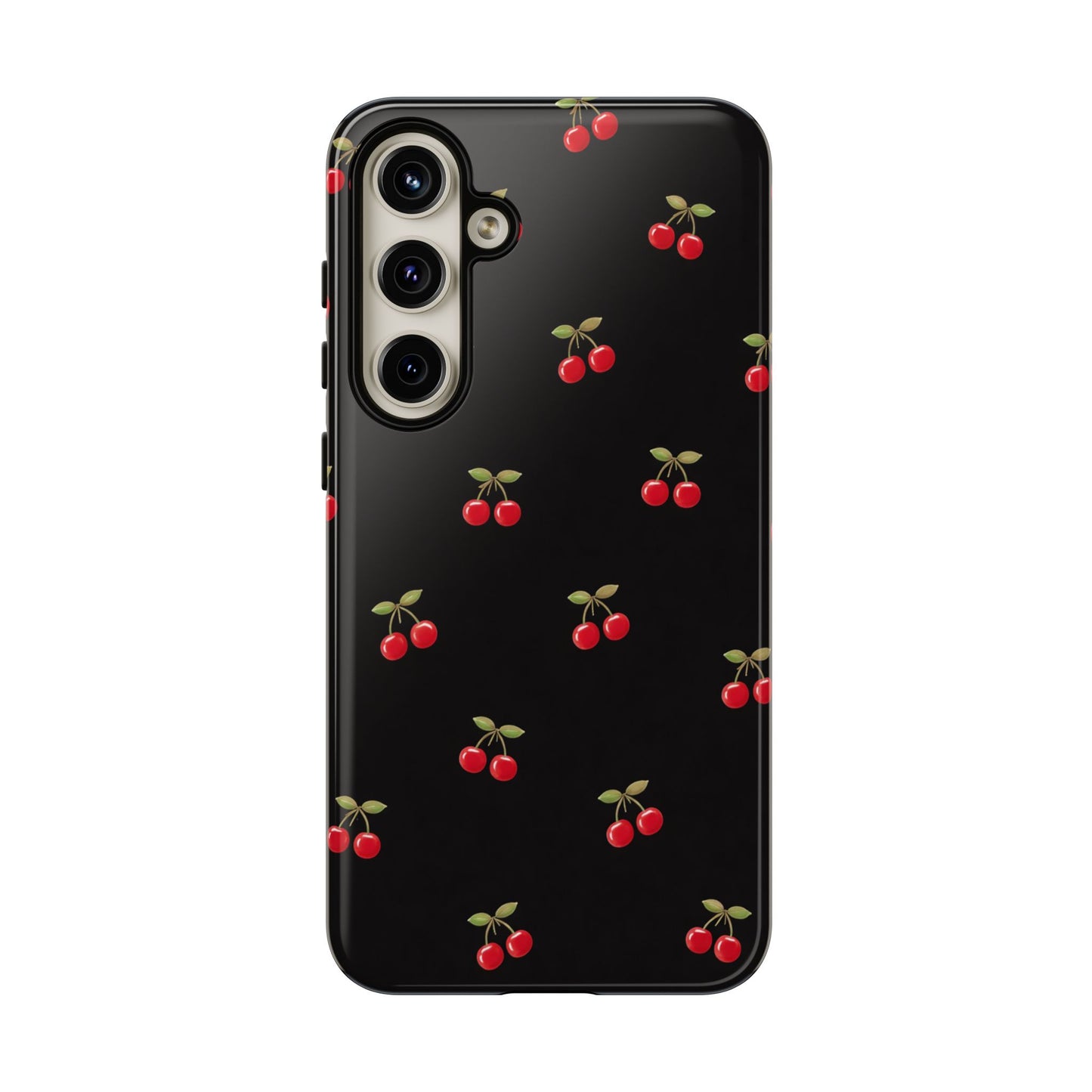 Cherry Pattern Phone Case — Slim Black Protective iPhone Case with Red Cherries for Iphone, Samsung Galaxy and Pixel