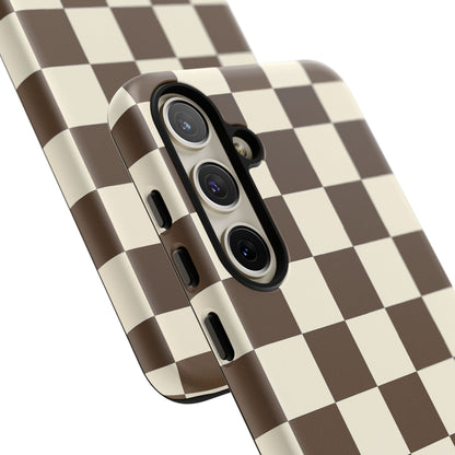 Mocha Checkerboard Phone Case | Neutral Aesthetic Checkered iPhone & Samsung Tough Case