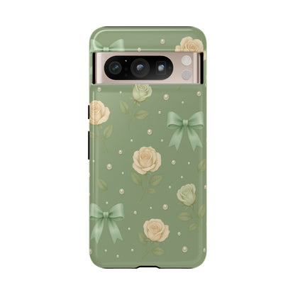 Vintage Rose Bow Phone Case – Sage Green Floral Coquette Aesthetic Tough Case (iPhone, Samsung, Pixel)