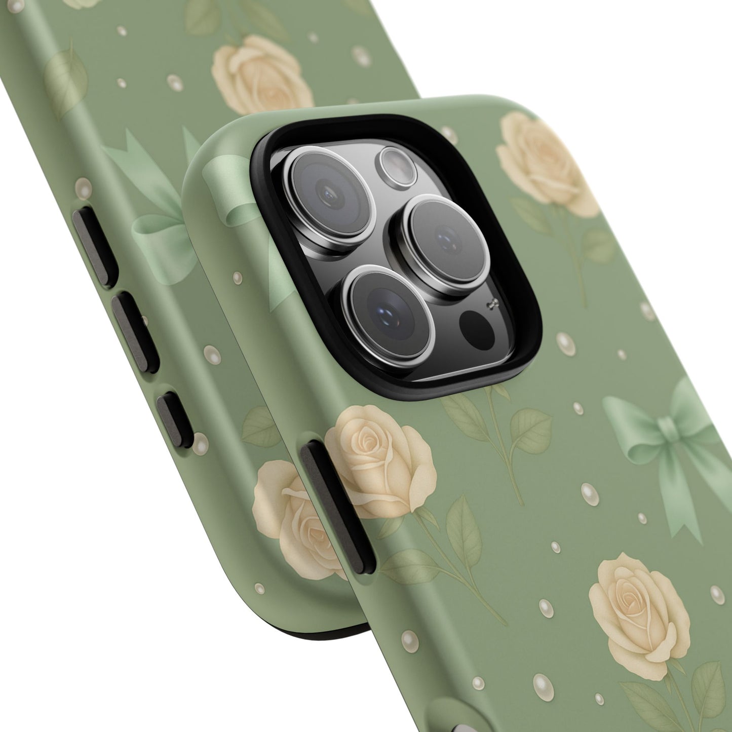 Vintage Rose Bow Phone Case – Sage Green Floral Coquette Aesthetic Tough Case (iPhone, Samsung, Pixel)