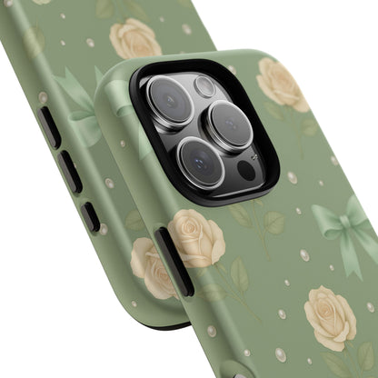 Vintage Rose Bow Phone Case – Sage Green Floral Coquette Aesthetic Tough Case (iPhone, Samsung, Pixel)