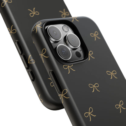 Black Phone Case with Gold Bow Pattern – Slim Protective Cute Aesthetic Cover for Iphone, Samsung Galaxy and Pixel