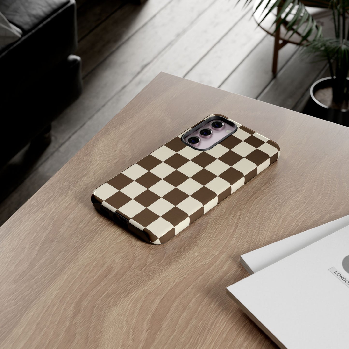 Mocha Checkerboard Phone Case | Neutral Aesthetic Checkered iPhone & Samsung Tough Case