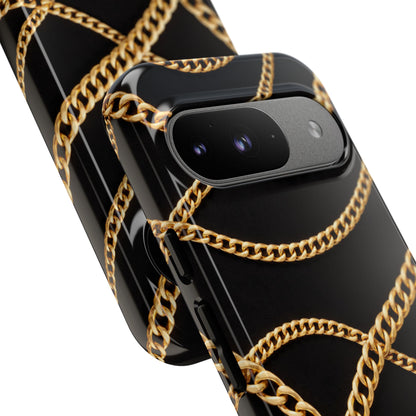 Luxury Gold Chain Phone Case – Black Designer Style Tough Protective Cover for Iphone, Samsung Galaxy and Pixel