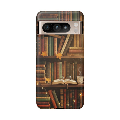 Cozy Vintage Bookshelf Phone Case, Library Aesthetic Book Stack, Autumn Coffee Vibes (iPhone, Samsung, Pixel)