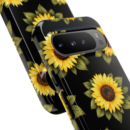 Sunflower Floral Tough Phone Case – Black Background Protective Cover for Iphone, Samsung Galaxy and Pixel