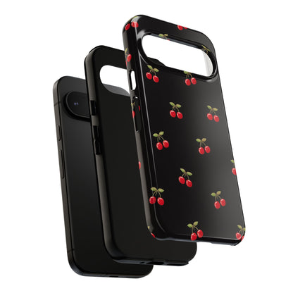 Cherry Pattern Phone Case — Slim Black Protective iPhone Case with Red Cherries for Iphone, Samsung Galaxy and Pixel