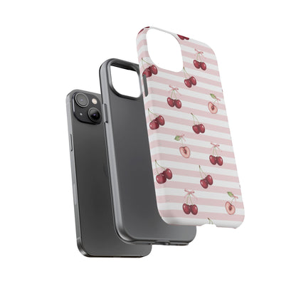 Pink Cherry Stripe Phone Case | Cute Coquette Aesthetic Protective Tough Case
