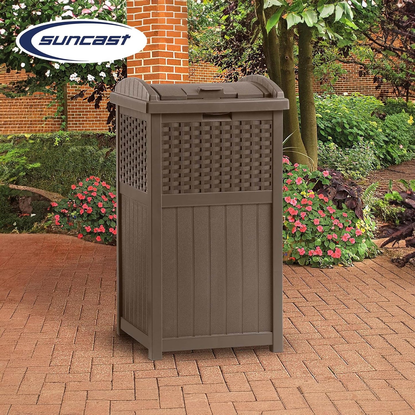 33 Gallon Commercial Outdoor Trashcan Hideaway with Lid for 30 to 33 Gallon Trash Bags for Garage, Backyard, or Garden, Brown